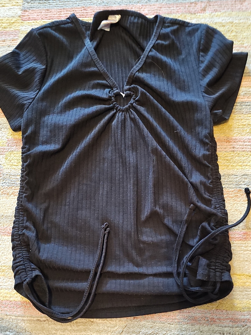 No Boundaries Black Ribbed Short-Sleeve Drawstring Top
